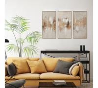 Biznest Set Of 3 Beige Bronzite Foiled Jewelled Wall Artwork Abstract Design Metal Framed Canvas Embellish Detail Triptych 80X40Cm