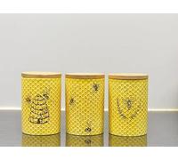 Biznest Set Of 3 Ceramic Kitchen Canister Honeycomb Pattern Jar Wood Lid Airtight Seal Food Storage Bee Print Yellow Decor 16X12Cm