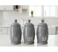 Biznest Set Of 3 Ceramic Tea, Coffee, Sugar Storage Heart Lid Jars Grey Love Details Design Shabby Chic 17 X 12 Cm