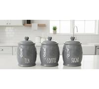 Biznest Set Of 3 Ceramic Tea, Coffee, Sugar Storage Jars Decorative Love Heart Details Engraved Design Lid Shabby Chic Modern Kitchen Barrel Shaped Canister Durable Organiser 17 X 12 Cm (GREY)