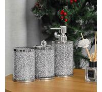 Biznest SET OF 3 CRUSHED DIAMOND CRYSTAL FILLED JARS SILVER BATHROOM SET DISPENSER BLING