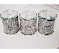 Biznest Set Of 3 Crushed Jewel Sparkle Loose Diamond Tea, Coffee, Sugar Canister Airtight Crystal Lid Kitchen Storage Solution Jar Food Decor Organiser Container Name Label 15 X 13 X 11 Cm (SILVER)