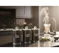 Biznest Set Of 3 Crushed Jewel Sparkle Loose Diamond Tea, Coffee, Sugar Canister Airtight Crystal Lid Kitchen Storage Solution Jar Food Decor Organiser Container Name Label 15 X 13 X 11 Cm (BLACK)
