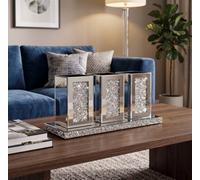 Biznest Set Of 3 Crystal Crushed Diamond Jar With Mirrored Tray Artificial Plants Pot Home Deco Silver Makeup Brush Holder 32X13Cm