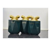 Biznest Set Of 3 Jars Gold Lid Knot Kitchen Canister Tea Coffee Sugar Green
