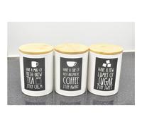 Biznest Set Of 3 Jars Kitchen Canister Tea Coffee Sugar Wooden Lid White J039