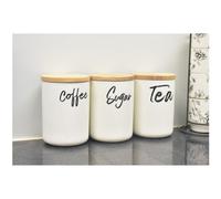 Biznest Set Of 3 Jars Kitchen Canister Tea Coffee Sugar Wooden Lid White J040