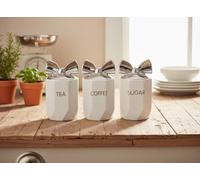 Biznest Set Of 3 Jars Silver Bow Lid Kitchen Canister Jar For Tea Coffee Sugar Storage Pots Marble Effect Home Decor Dining Table Eye-Catching Glamorous Design (White)