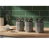 Biznest Set Of 3 Jars Silver Bow Lid Kitchen Canister Jar For Tea Coffee Sugar Storage Pots Marble Effect Home Decor Dining Table Eye-Catching Glamorous Design (Grey)