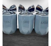 Biznest Set Of 3 Jars Silver Bow Lid Kitchen Canister Tea Coffee Sugar Storage Pots Marble Effect Home Decor Dining Table (Grey)