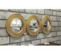 Biznest Set Of 3 Moroccan Style Round Wall Mounted Mirrors Intricate Gold Metallic Finish Frame Art Deco Pattern Interior Accent Plastic Circular Miniature Design Modern Home Focal Point 26 Cm Dia.