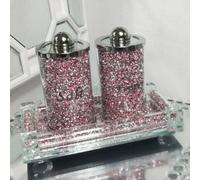Biznest Set of 3 Pink Diamond Crushed Salt & Pepper Canisters Jars with Tray Storage Pink & Silver Crystal Display Gift Present for All Occassion Home Decor