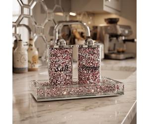 Biznest Set of 3 Pink Diamond Crushed Salt & Pepper Canisters Jars with Tray Storage Pink & Silver Crystal Display Gift Present for All Occassion Home Decor