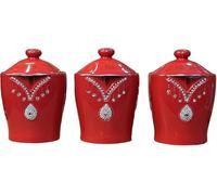 Biznest Set Of 3 Sparkle Crushed Crystal Tea, Coffee, Sugar Ceramic Canister Diamante Elements Jar Airtight Rubber Seal Lids Kitchen Storage Floral Design Centrepiece Glossy Finish 17 X 13 Cm (RED)