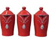 Biznest Set Of 3 Sparkle Crushed Crystal Tea, Coffee, Sugar Ceramic Canister Diamante Elements Jar Airtight Seal Lids Red 17X13 Cm