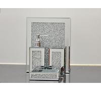 Biznest Set of 4 Piece Crushed Jewel Diamond Bathroom Accessories with Soap Dispenser Toothbrush Holder Soap Holder & Bin in Silver