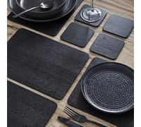 Biznest Set Of 4 Placemats & 4 Coasters Wood Veneer Rectangular Black Dining Table Linens Setting Mats Plain Design Home Decor Surface Protector Round Corners Stylish Kitchen Serveware 29 X 21.5 Cm