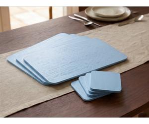 Biznest Set Of 4 Placemats & 4 Coasters Wooden Veneer Sky Blue Rectangular Dining Table Linen Setting Mats Home Decoration 21X29Cm