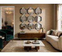 Biznest Set Of 9 Hexagonal Shaped Wall Mounted Mirror Gold Plastic Geometrical Frame Mirrored Surface Home Decor Gift Idea 30X30Cm