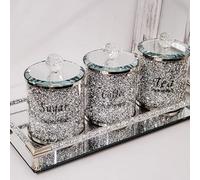Biznest Set Of Diamond Crushed Tea Coffee Sugar Jars & Diamond Crushed Rod Metal Gold Corner Mirrored Tray 39X18Cm