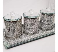 Biznest Set Of Diamond Crushed Tea Coffee Sugar Jars & Full Crushed Diamond Rectangle Tray Candle Holder 39X18Cm