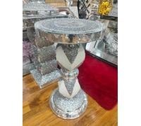 Biznest Side Table Crushed Diamond Crystal Design Mirrored Stripes Silver Glitter Plant Stands Bed Side White Ceramic 60 X 40 Cm