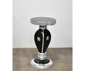 Biznest Side Table Sl lack Marble Effect Crushed Crystal Mirror Trim Floral Embellishment Italian Style Greek Pattern 60X40 Cm