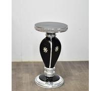 Biznest Side Table Sleek Black Marble Effect Crushed Crystal Mirror Trim Floral Embellishment Italian Style Greek Pattern 60X40 Cm