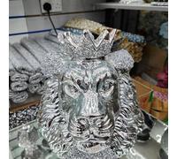 Biznest Silver Chrome Crushed Diamond Lion King Face Crystal Ornament Statue Shelf Décor