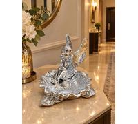 Biznest Silver Crushed Crystal Angel With Wings Figurine & Flower Tray Jewel Loose Diamante Ceramic Sparkle Finish Home Deco Table