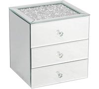Biznest Silver Crushed Diamante Mirrored Glass Jewellery Box Eye Catching Design Storage Box 3 Drawers