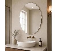 Biznest Silver Frameless Oval Wall Hanging Mirror Bevelled Border Zig Zag Edge Asymmetrical Design Hallway Furniture Decor Present Idea 40x60Cm