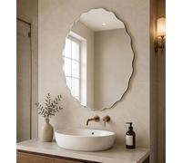 Biznest Silver Frameless Oval Wall Hanging Mirror Bevelled Border Zig Zag Edge Asymmetrical Design Hallway Furniture Decor 40X60Cm