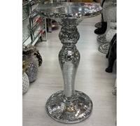 Biznest Silver Mirrored Body End Table Glass Round Mosaic Zig Zag Plant Stand Modern Bed Side Straight Leg Pedestal Base 60X40 Cm