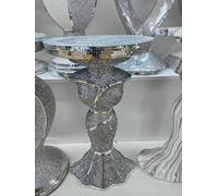 Biznest Silver Mirrored Glass Mosaic Side Table Crushed Crystal Plant Stand Italian Lady Base Sparkle Glitter Romany Pearl 63X33Cm