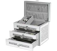 Biznest Silver Mirrored Jewellery Box 3 Tier Organiser with Crystal Crushed Diamond Glass Surface 24x16x18 Cm