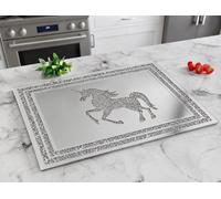 Biznest Silver Rectangle Crushed Diamond Unicorn Design Chopping Board Crystal Animal Cuting Surface Kitchen Worktop Saver 40X30Cm