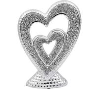 Biznest Silver Sparkle Crushed Jewel Loose Diamond Double Heart Sculpture Shelf Sitter Ornament Crystal Gift Home Décor 23X17X6 Cm