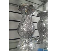 Biznest Silver Vase Statue Sparkle Ornament Bling Crushed Diamond Gift Crushed mirrored flower pot with floral design 30 cm