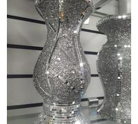 Biznest Silver Vase Statue Sparkle Ornament Bling Crushed Diamond Gift Crushed Mirrored Flower Pot With Floral Design 30 Cm