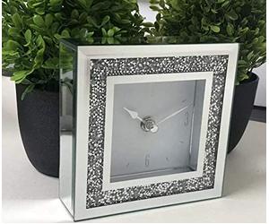 Biznest Small Square Crystal Clock Crushed Diamante Desk Clock Elegant Diamond Crystal Mirror Crushed Jewel Numbers 14X14Cm
