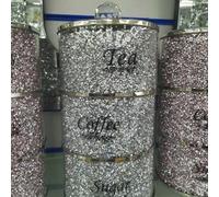 Biznest Stackable Diamond Crushed Tea Coffee Sugar Canisters Jars Round Shaped Kitchen Storage Silver Crystal Filled