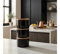 Biznest Stackable Tea Coffee Sugar Storage 3Pk Round Food Canisters Ceramic Beans Matte Finish Wood Airtight Lids Jars, Black