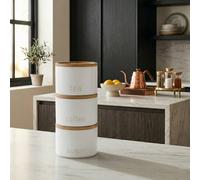 Biznest Stackable Tea Coffee Sugar Storage Jars 3Pk Round Food Canisters Ceramic Beans Matte Finish Wood Airtight Lids (White 175)