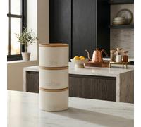 Biznest Stackable Tea Coffee Sugar Storage Jars 3Pk Round Food Canisters Ceramic Beans Matte Finish Wood Airtight Lids (Cream 174)