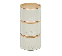Biznest Stackable Tea Coffee Sugar Storage Jars 3Pk Round Food Canisters Ceramic Great Storing Beans Matte Finish And Wooden Airtight Lids Storage Jars (Cream 174)