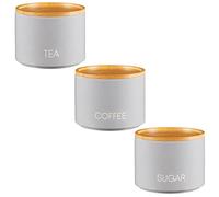 Biznest Stackable Tea Coffee Sugar Storage Jars 3Pk Round Food Canisters Ceramic Great Storing Beans Matte Finish And Wooden Airtight Lids Storage Jars (Grey 177)