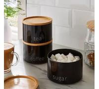 Biznest Stackable Tea Coffee Sugar Storage Jars 3Pk Round Food Canisters Ceramic Great Storing Beans Matte Finish And Wooden Airtight Lids Storage Jars, Black