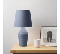Biznest Stoneware Table Lamp Faux Linen Fabric Shade with A Satin Ribbed Glazed Reading, Bedroom, Living Room, Study, Office (Folkstone Blue)