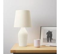 Biznest Stoneware Table Lamp Faux Linen Fabric Shade with A Satin Ribbed Glazed Reading, Bedroom, Living Room, Study, Office (Natural)